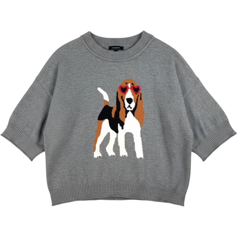 Calligraphie Gray Knit Crew Neck Short Sleeve Beagle Graphic Sweater sz M